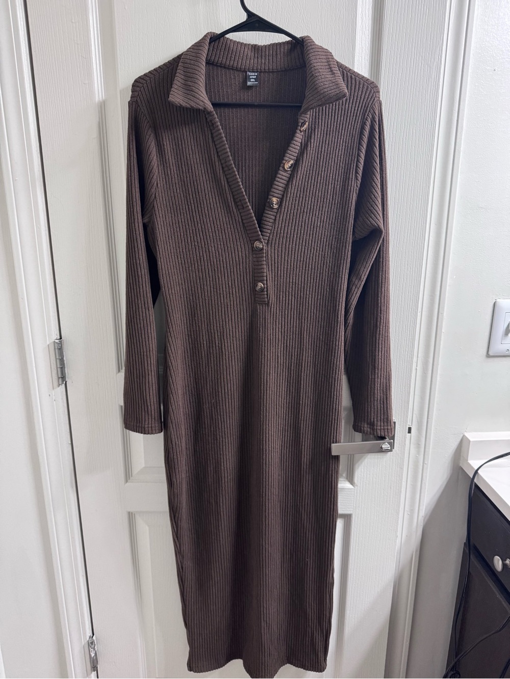 SHEIN Brown Ribbed Long Sleeve Collared Button Midi Dress